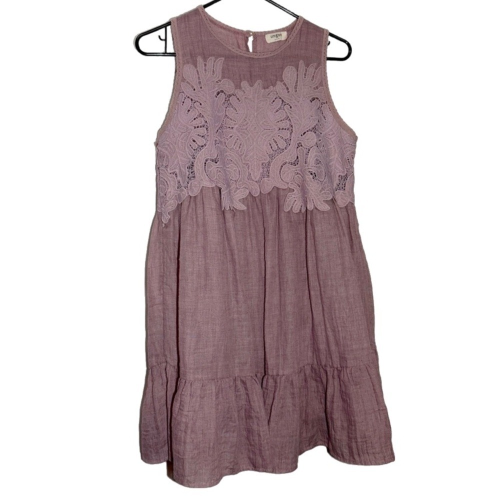 Umgee Sleeveless Floral Lace Detail Cotton Blend Mini Dress, Mauve size S